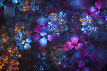 Fototapeta na wymiar Abstract exotic blue, pink and orange flowers on black background. Fantasy fractal design. Psychedelic digital art. 3D rendering.