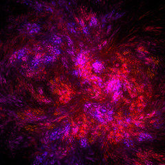 Abstract red and purple fiery shapes on black background. Fantasy fractal artwork. 3D rendering.