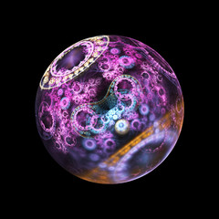 Abstract ornamented sphere with delicate flowers on black background. Fantasy fractal design in blue, orange and pink colors. Psychedelic digital art. 3D rendering.