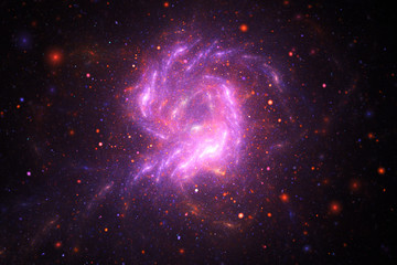 Bright galaxy. Abstract stars on black background. Fantasy fractal texture in red, pink and light purple colors. Digital art. 3D rendering.