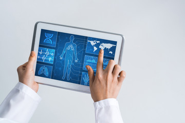 Close of female doctor hands working with tablet pc computer