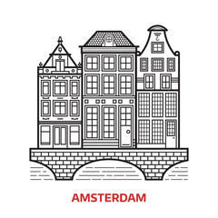 Travel Amsterdam landmark icon. Canal houses is one of the famous architectural symbols and tourist attractions in capital of Netherlands. Thin line Europe Old town home facades vector illustration.