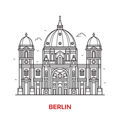Travel Berlin landmark icon. Dome cathedral is one of the famous tourist attractions in capital of Germany. Thin line baroque church vector illustration in outline design. © krugli