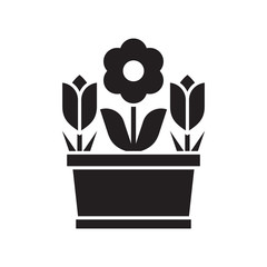 Spring flower pot with tulips and abstract blossom silhouette vector illustration. Flowerpot icon in outline design.