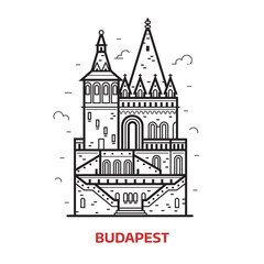 Travel Budapest landmark icon. Fisherman bastion towers is one of the famous architectural tourist attractions in Hungary capital. Thin line medieval castle vector illustration in outline design.