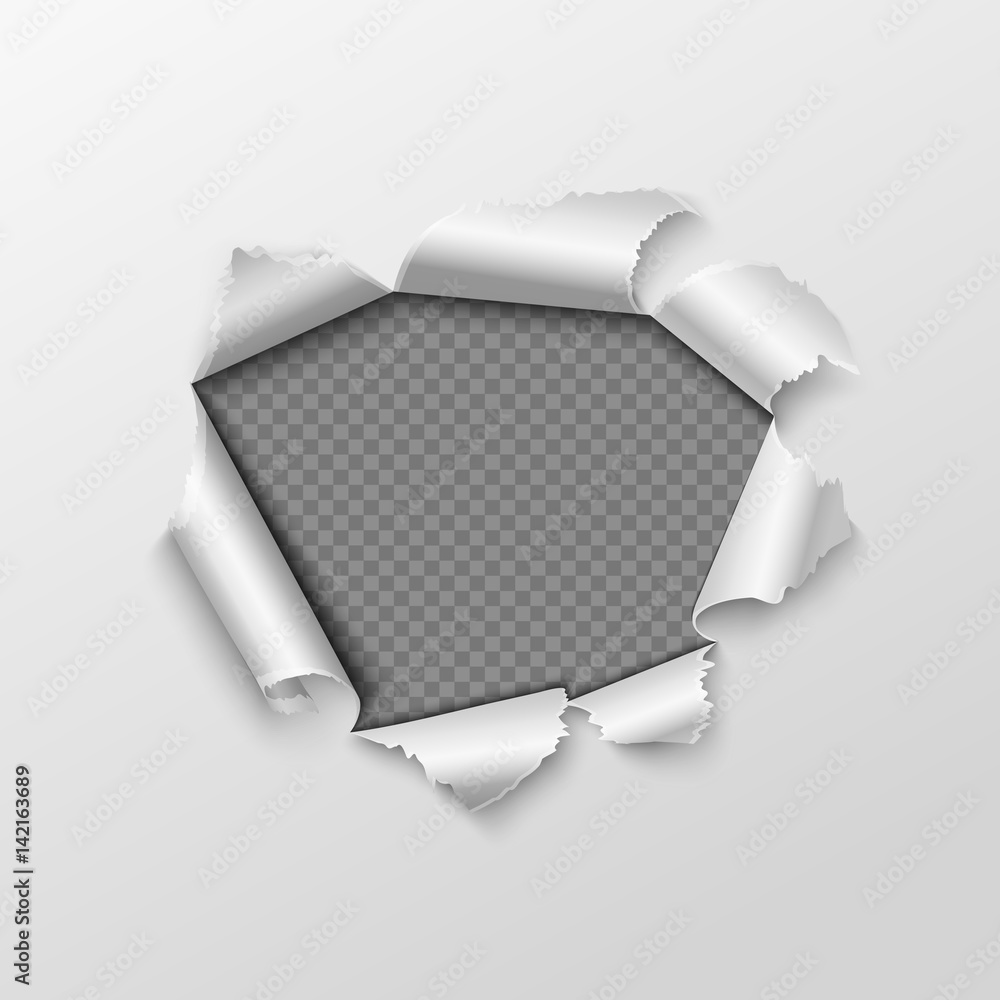 Poster paper hole with torn edges isolated on transparent checkered background.