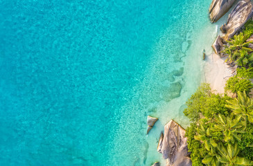 Aerial photo of tropical Seychelles beach at La Digue island - obrazy, fototapety, plakaty