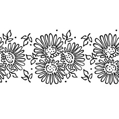 Seamless vector hand drawn floral pattern, endless border frame with flowers, leaves. Decorative cute graphic line drawing illustration. Print for wrapping, background, fabric, decor, textile, surface