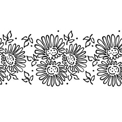Seamless vector hand drawn floral pattern, endless border frame with flowers, leaves. Decorative cute graphic line drawing illustration. Print for wrapping, background, fabric, decor, textile, surface