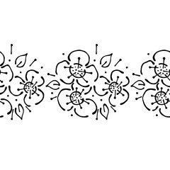 Seamless vector hand drawn floral pattern, endless border frame with flowers, leaves. Decorative cute graphic line drawing illustration. Print for wrapping, background, fabric, decor, textile, surface