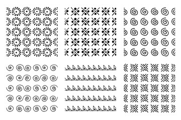 Set of seamless vector patterns. Black and white geometrical endless backgrounds with hand drawn geometric shapes, triangles, circles, dots, lines, Simple graphic design. Repeat decorative ornament.