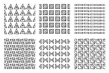 Set of seamless vector patterns. Black and white geometrical endless backgrounds with hand drawn geometric shapes, triangles, circles, dots, lines, Simple graphic design. Repeat decorative ornament.