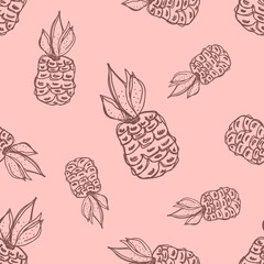 Seamless vector pattern. Hand drawn fruits illustration of pineapple on the Line drawing. Print for wallpaper, background, surface, fabric, decor