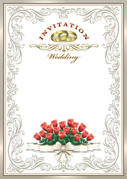 Wedding invitation with rings and flowers. Frame with ornament