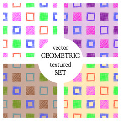 Fototapeta na wymiar Set of seamless vector geometrical patterns with squares . pastel endless background with hand drawn textured geometric figures. Graphic vector illustration
