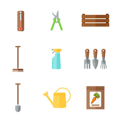 Set of color flat icons of garden tools. Watering can, thermometer, package with seeds, prunen, shovel, rakes.
