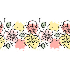 Seamless vector hand drawn floral pattern, endless border Colorful frame with flowers, leaves. Decorative cute graphic line drawing illustration. Print for wrapping, background, fabric, decor, textile