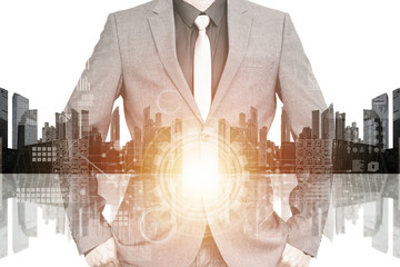 Multi media of Business man and the city with technology background.
