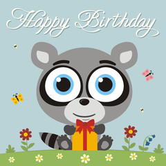 Happy birthday! Funny little raccoon with birthday gift in cartoon style. Card with raccoon for child birthday.