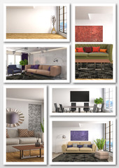 Collage of modern home interior. 3d illustration