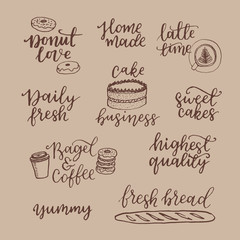 Vector set of vintage bakery hand lettering logos, badges. Typography design elements, modern calligraphy collection with cookie illustrations for prints, cards, posters, products packaging, branding.