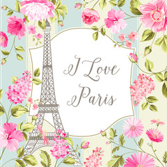 Fototapeta na wymiar I love Paris invitation card. Eiffel tower and spring flowers pattern. Tulip bouquet over tile background. Vector illustration.