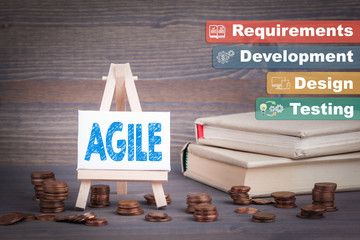 Agile software development, Business Concept. Miniature easel with small change.