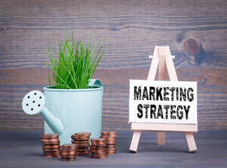 Marketing Strategy, Business Concept. Miniature watering pot with fresh green spring grass and small change.