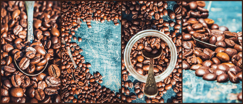 Fototapeta collage of coffee. a lot of pictures. selective focus.  