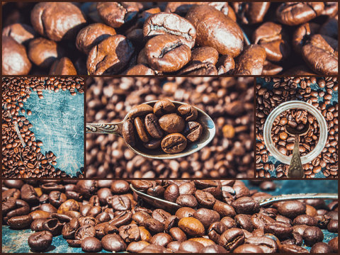 Fototapeta collage of coffee. a lot of pictures. selective focus.  