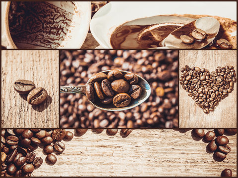Fototapeta collage of coffee. a lot of pictures. selective focus.  
