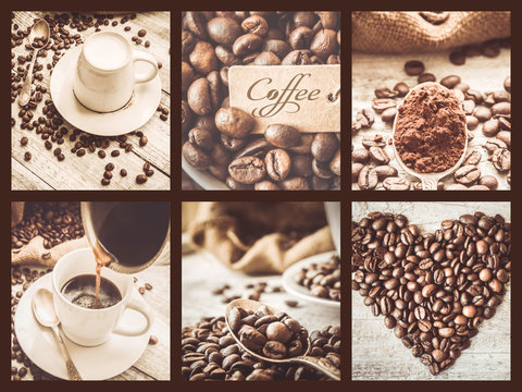 Fototapeta collage of coffee. a lot of pictures. selective focus.  