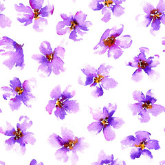 Fototapeta na wymiar Seamless pattern with violet flowers. Watercolor hand painted illustration.
