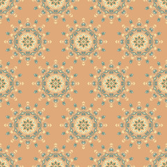 Vector seamless background pattern of circular ornament colored mandala repeating on brown background