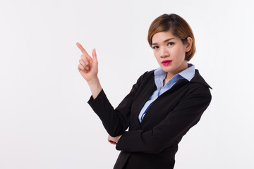 confident business woman pointing, presenting something