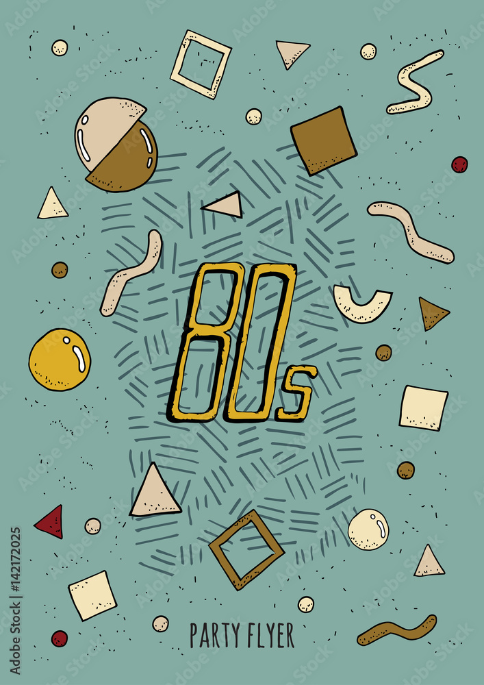 Poster abstract poster retro style 80s with objects geometric shapes. trendy colorful background.