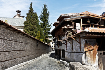 Old street crossroad in the old town of Bansko ski tourist centre of Bulgaria 