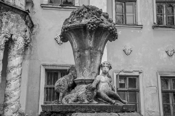 Sculptures at the building of an old abandoned castle