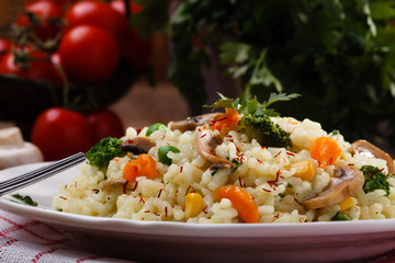 Classic Risotto with mushrooms and vegetables served on a white plate.