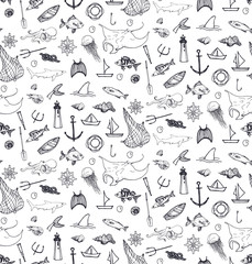 seamless pattern with fishing and sea elementsand animals