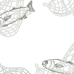 fishing theme template for invitation, menu, card with fishnet, fish