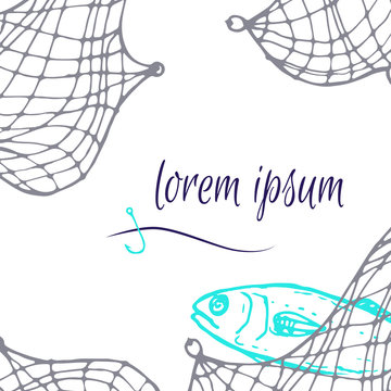 fishing theme template for invitation, menu, card with fishnet, fish, hook element and place for text