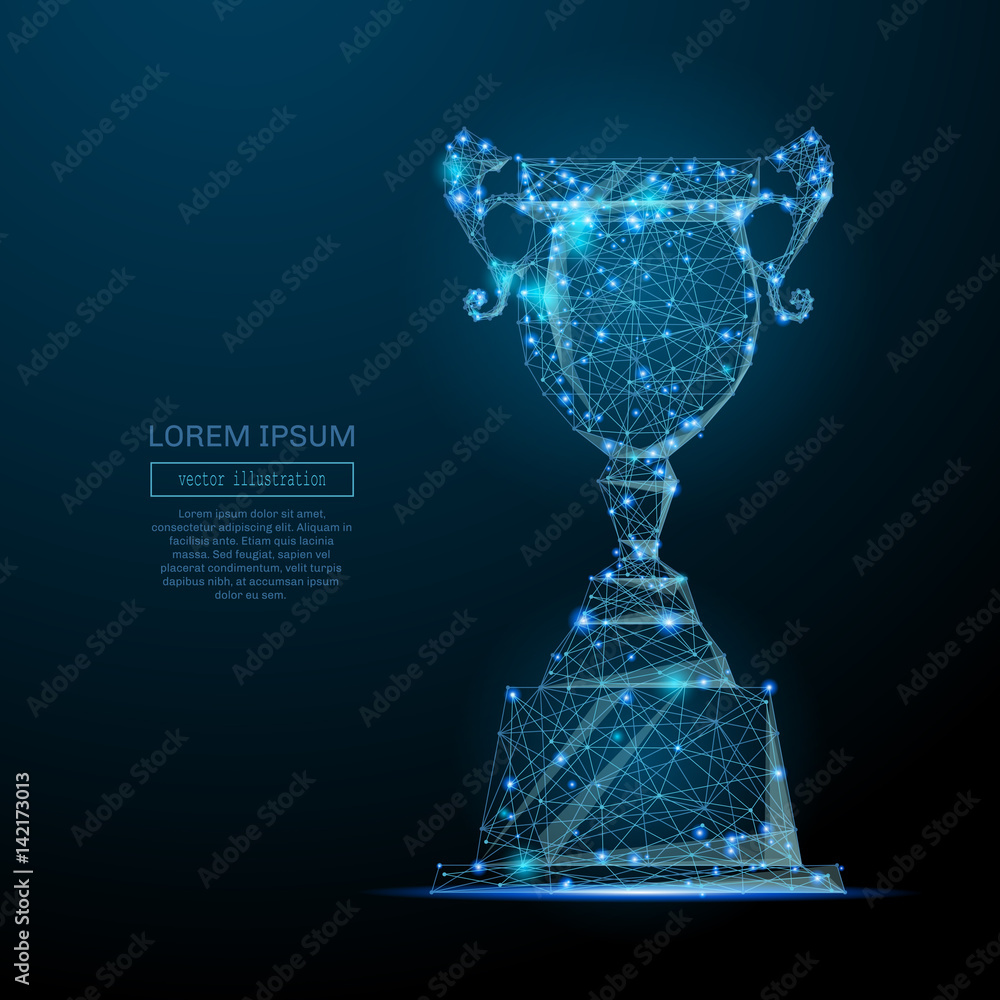 Poster Abstract image of a champion cup in the form of a starry sky or space, consisting of points, lines, and shapes in the form of planets, stars and the universe. Vector business wireframe concept.