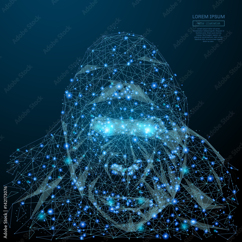 Aufkleber Abstract image of a gorilla head in the form of a starry sky or space, consisting of points, lines, and shapes in the form of planets, stars and the universe. Vector business wireframe concept