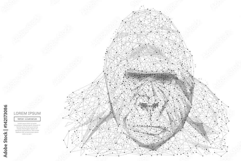 Poster abstract mash line and point gorilla head on white background with an inscription. starry sky or spa