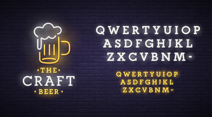 Beer neon sign, bright signboard, light banner. Beer logo, emblem. 