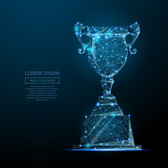 Abstract image of a champion cup in the form of a starry sky or space, consisting of points, lines, and shapes in the form of planets, stars and the universe. Vector business wireframe concept.