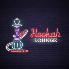 Neon Sign of Hookah. bright signboard, light banner. Hookah lounge logo, emblem.