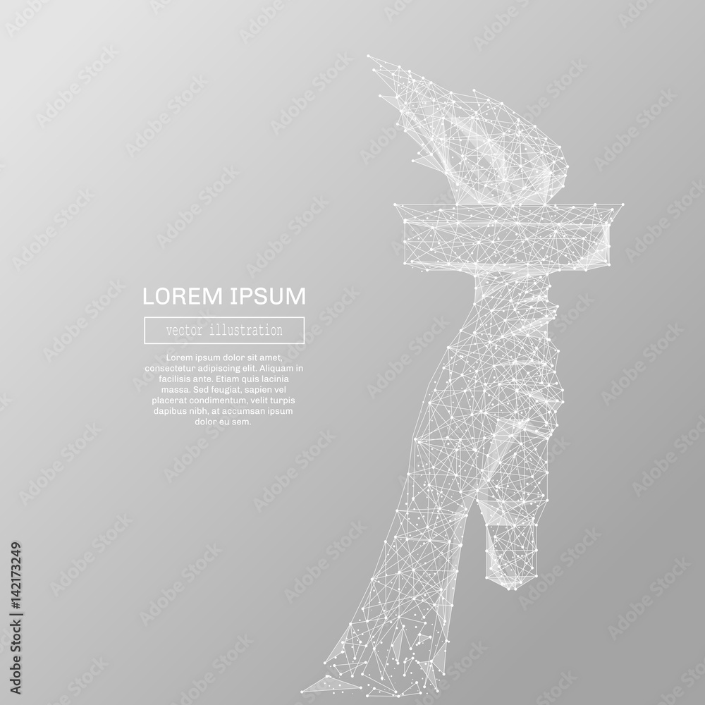 Fototapete White abstract torch in hand polygonal, geometry triangle. Light connection structure of coin. Low poly vector on gray background. Connection structure