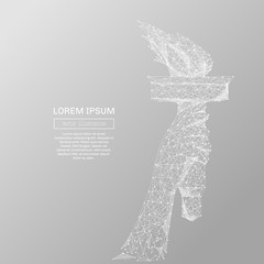 White abstract torch in hand polygonal, geometry triangle. Light connection structure of coin. Low poly vector on gray background. Connection structure